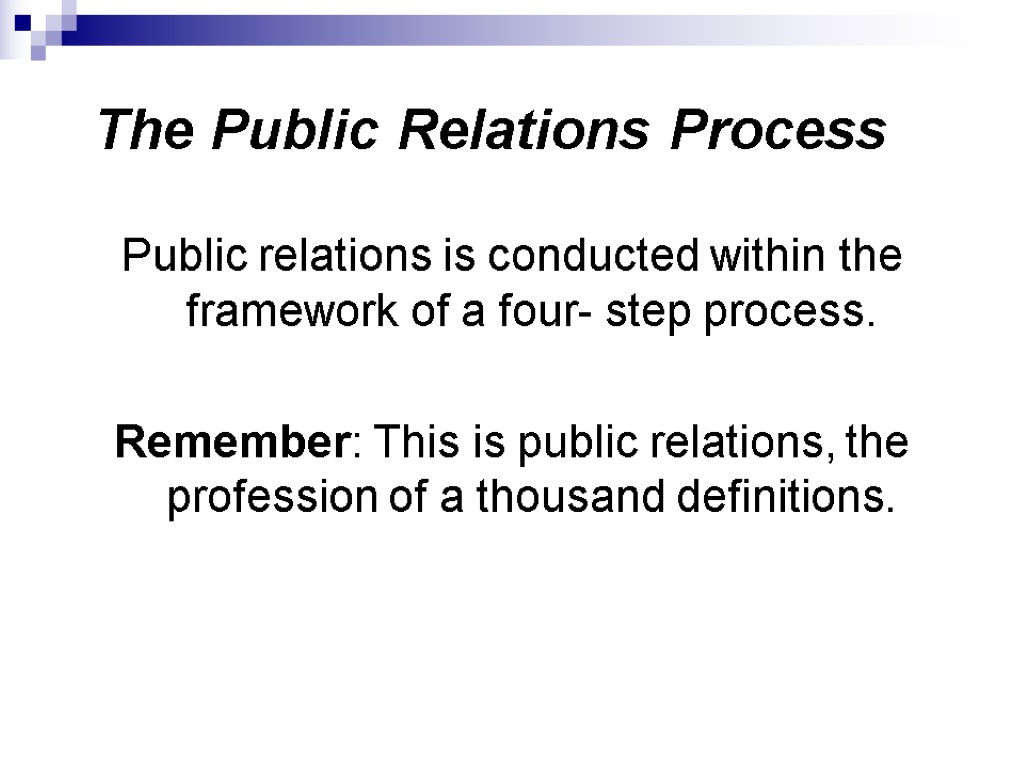 The Public Relations Process Public relations is conducted within the framework of a four-